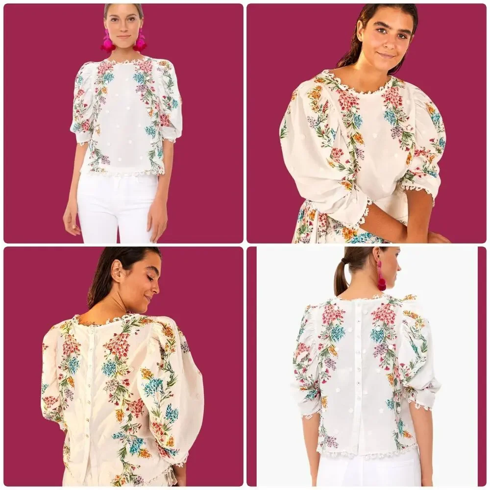 FARM‎ RIO Women’s Louise Floral Print Puff Sleeve Button Up Top In Multi Color